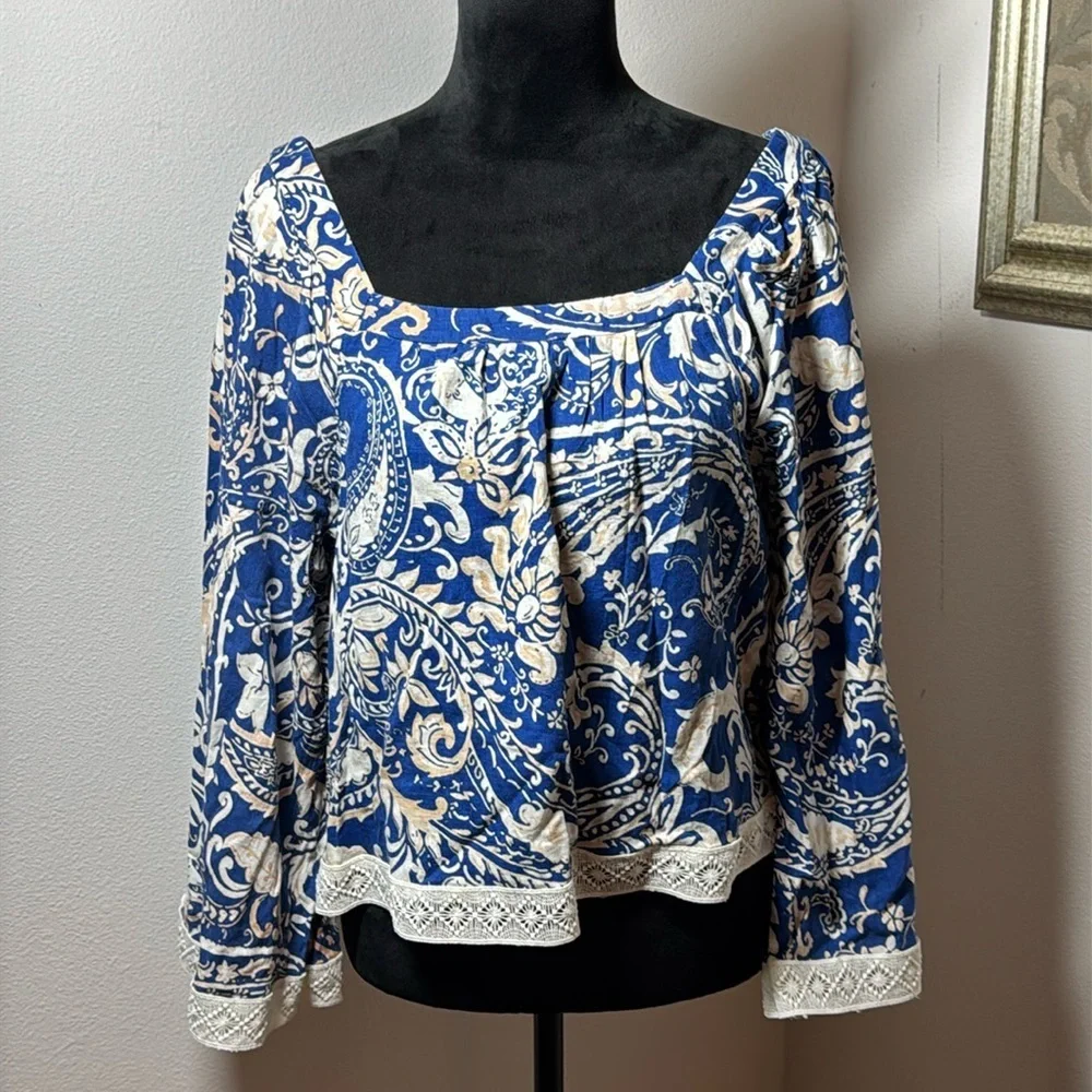Nicole Miller New York Boho linen top bell sleeves square collar blouse‎ Sz M
